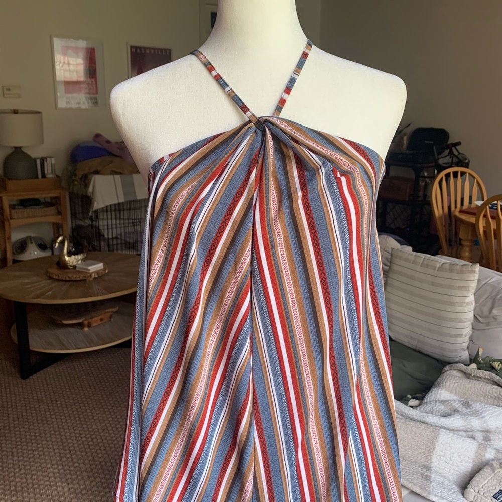 Striped Halter Neck Maxi Dress in Blue, Red & Brown
